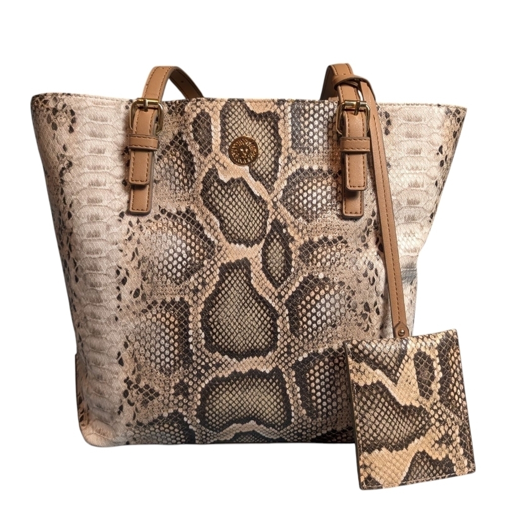 Anne Klein Snakeskin Pattern Tote Bag Matching Attached Keytag ID Tag Tan Straps